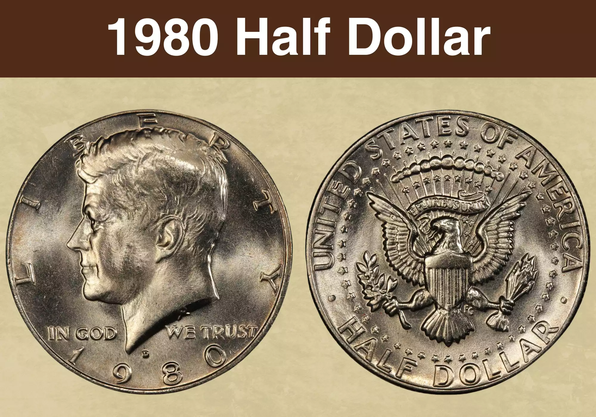 1980 Kennedy half dollar obverse showing P mint mark and reverse eagle design