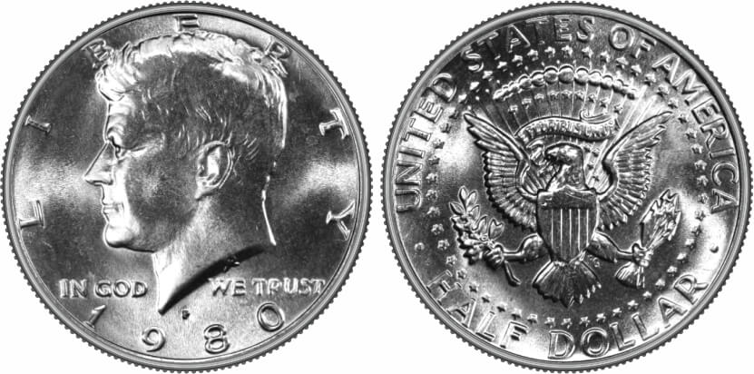 Side-by-side comparison of common 1980-P Kennedy half dollar versus gem uncirculated or filled-P mint mark variety