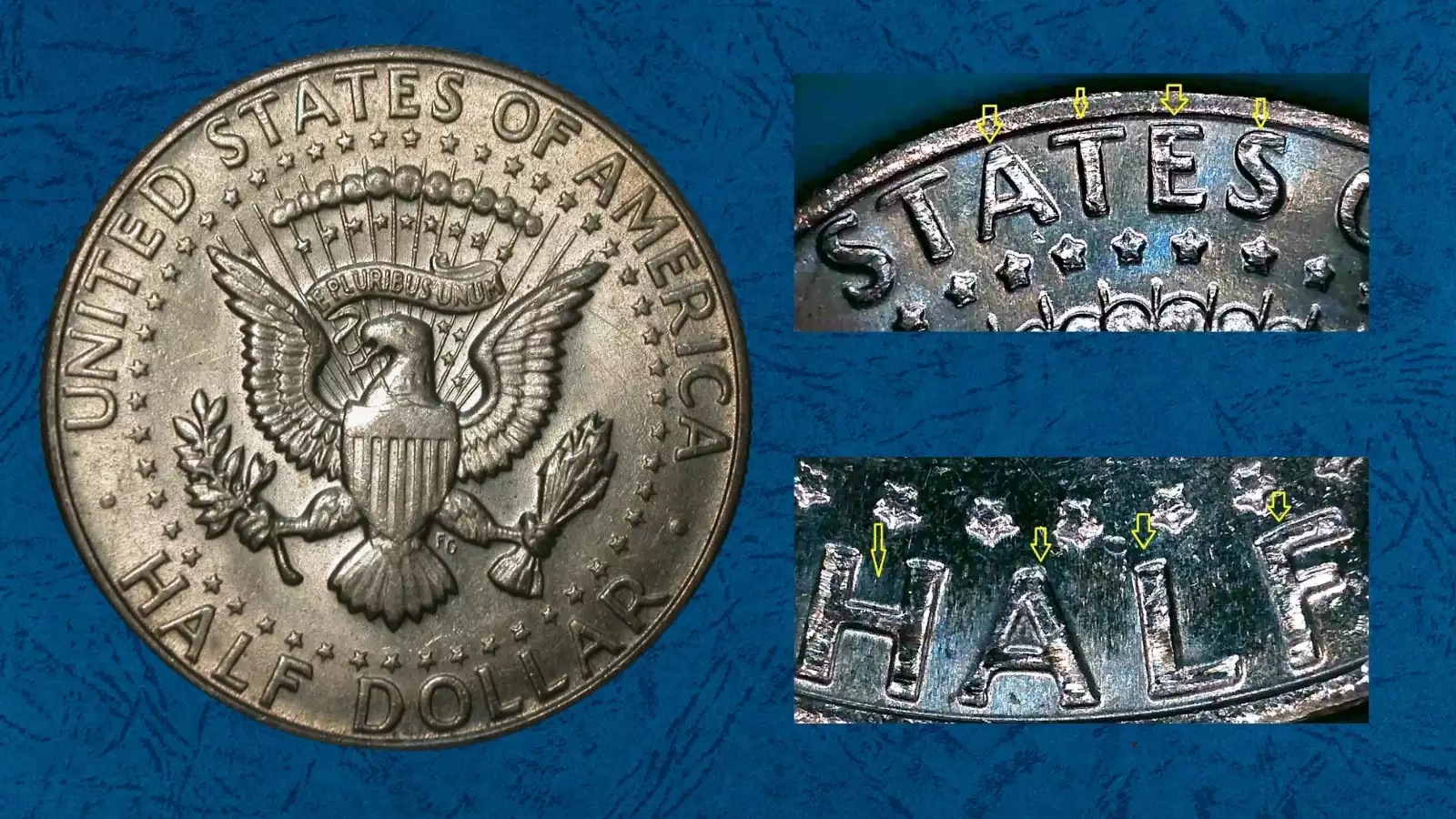 1980 Kennedy half dollar showing doubled die reverse with visible doubling on eagle and lettering
