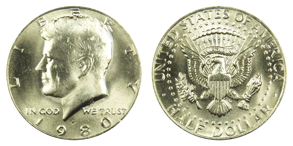 1980 Kennedy half dollar specimens from Philadelphia, Denver, and San Francisco mints arranged together