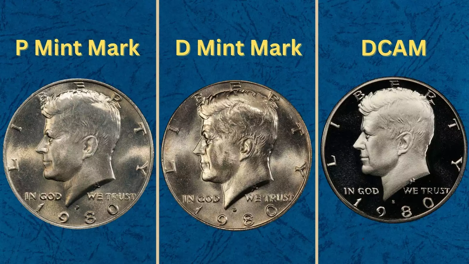 1980 Kennedy half dollar grading strip showing four condition tiers from worn to gem uncirculated